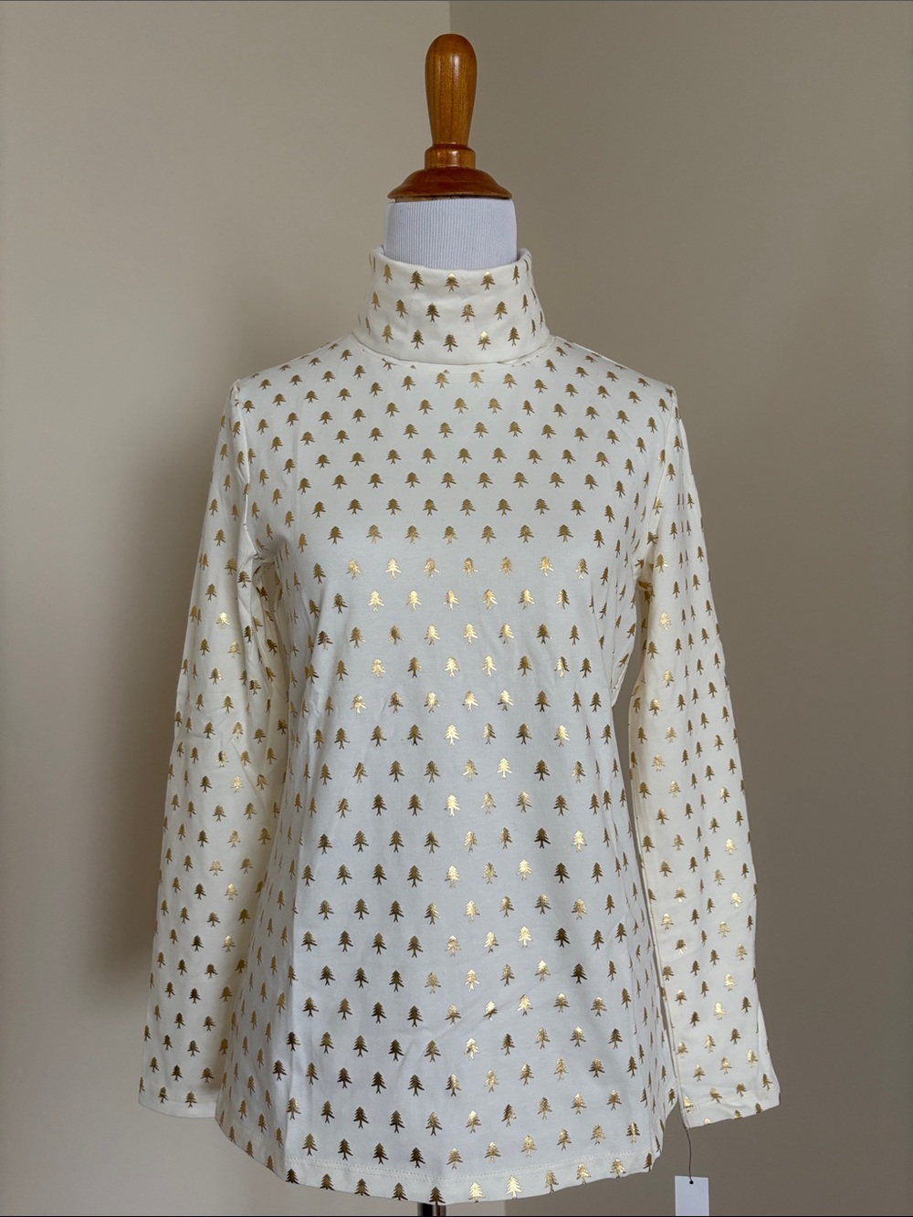 Talbots Cream Gold Christmas Tree Print Turtleneck Tee